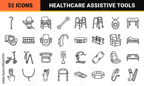 Medical Mobility Aids and Senior Care Monoline Symbols for Healthcare Accessibility and Geriatric Patient Support Systems
