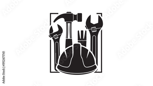Black and white illustration of construction tools in square frame for industrial branding