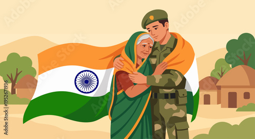 Soldier Embraces Elderly Woman with Indian Flag in Desert Village Landscape