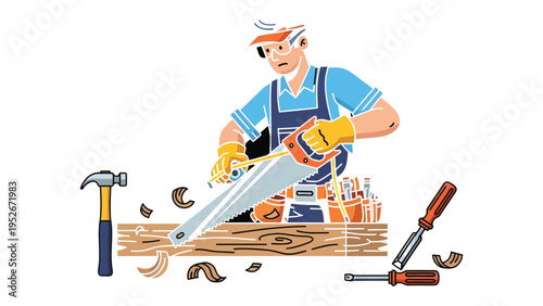 Crafting with Precision: A skilled artisan, engulfed in the process of shaping wood, using a handsaw to sculpt. This evokes feelings of mastery, skill and dedication