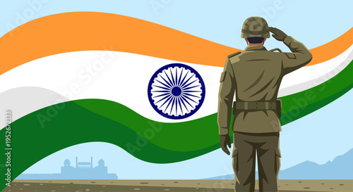 Soldier salutes Indian flag waving in the wind at sunrise