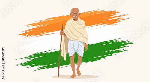 Illustration of Mahatma Gandhi standing proudly with a walking stick in front of the Indian flag colors