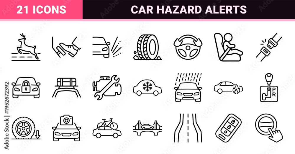 Obraz premium Automotive Safety Dashboard Symbols and Road Hazard Alerts Monoline Set, Minimalist Vehicle Maintenance and Driving Warning Technical Line Art.