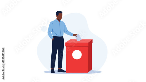 African American man in a blue shirt placing a paper ballot into a red voting box for election, democracy, and civic duty participation.
