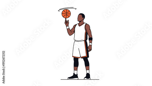 Full body view of a male basketball player in a white uniform skillfully spinning an orange ball on his finger against a white backdrop.