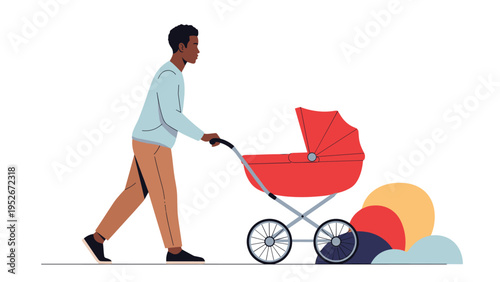 Profile view of a man pushing a modern red baby stroller while walking against a background of abstract colorful circular shapes on white.