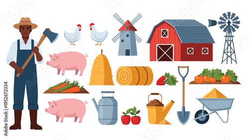 Farmer in overalls holding an axe surrounded by various agricultural icons like barn, windmill, livestock, hay, vegetables, and farm tools.