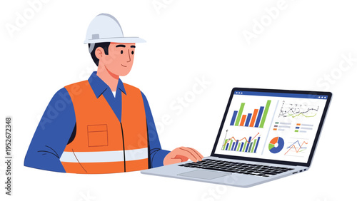 Engineer Analyzing Data: A skilled engineer, clad in work attire, meticulously analyzes complex data displayed on a laptop screen, assessing the data with focused intent.