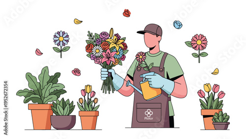 Crafting Blooms: A dedicated florist meticulously arranges a vibrant bouquet amidst a serene display of potted plants, all within a welcoming flower shop.