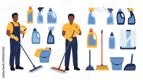 Two professional cleaners in yellow shirts and blue aprons with an extensive collection of detergents, sprays, mops, buckets, and brushes.