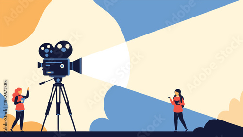 Silhouette illustration of a large movie camera on a tripod with two crew members working on a film set with abstract lighting and shadows.