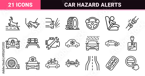 Automotive Safety Dashboard Symbols and Road Hazard Alerts Monoline Set, Minimalist Vehicle Maintenance and Driving Warning Technical Line Art.
