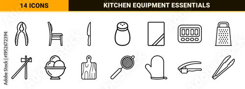 Culinary Arts Monoline Symbols for Restaurant Branding and Menu Design Featuring Minimalist Kitchenware and Dining Table Service Outlines