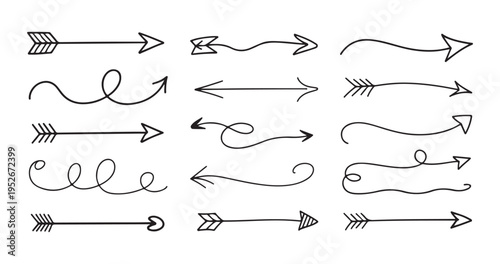 Collection of hand drawn black outline arrows doodle style vector graphic elements