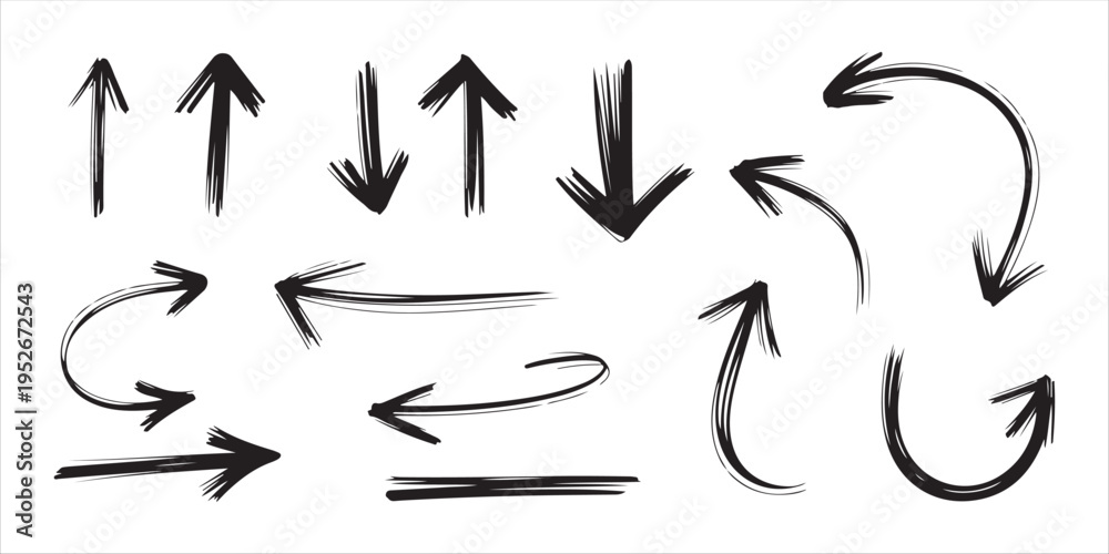 Fototapeta premium Collection of hand drawn brush stroke arrows doodle style vector graphic elements
