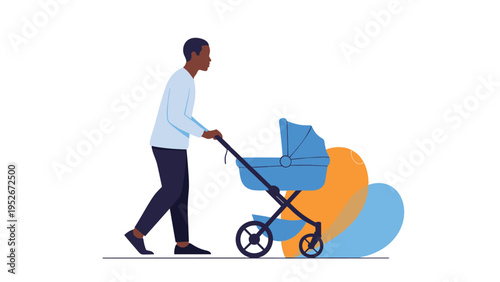 Man dressed in a light blue shirt and dark trousers pushes a modern blue baby stroller in front of abstract colorful shapes on a white background.