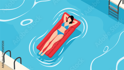 Woman in a blue bikini lies relaxed on a red inflatable pool float while drifting across the calm water of a large swimming pool in summer.