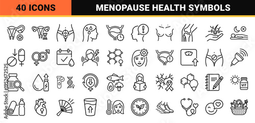 Women Health and Menopause Line Art Icons Featuring Endocrine System Symbols, Hormone Balance Graphics, and Gynecological Wellness Elements.