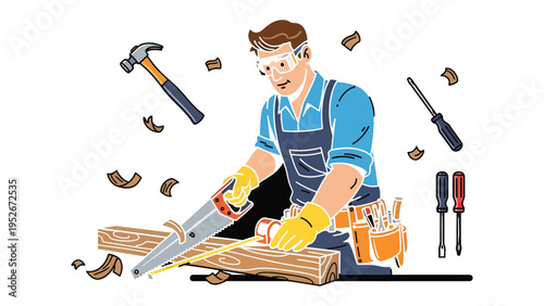 Artisan at Work: A skilled artisan, clad in safety gear, meticulously saws through timber, surrounded by essential tools, embodying craftsmanship and dedication.