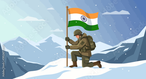 Indian soldier kneeling proudly holds flag on snowy mountain peak at sunrise
