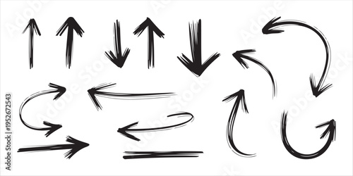 Collection of hand drawn brush stroke arrows doodle style vector graphic elements
