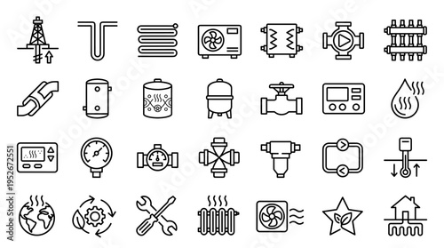 Set of geothermal heating and HVAC system icons