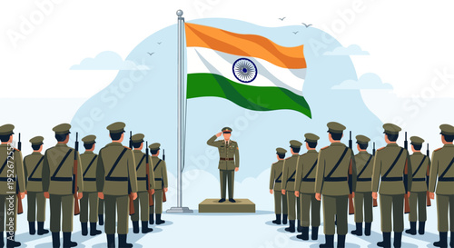 Soldiers salute Indian flag during national ceremony in New Delhi city