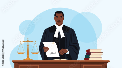 Black male judge wearing black judicial robes holds legal papers while sitting at a wooden desk with law books and justice scales.