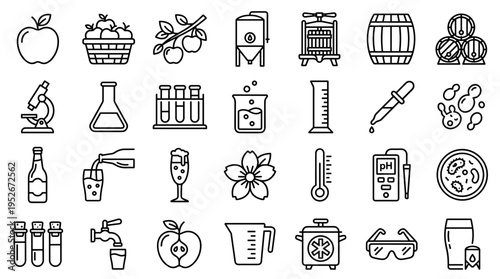 Cider production and laboratory analysis line icons set