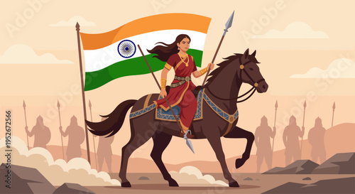A woman in traditional attire rides a horse proudly holding Indian flag