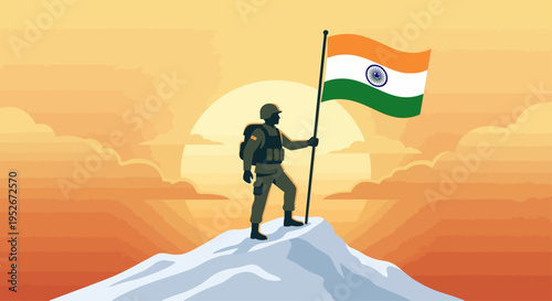 Soldier proudly holds Indian flag on mountain peak at sunrise
