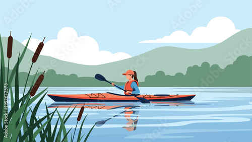 Young woman wearing a life vest and hat paddles a red kayak on a tranquil lake surrounded by green mountains and water reeds.