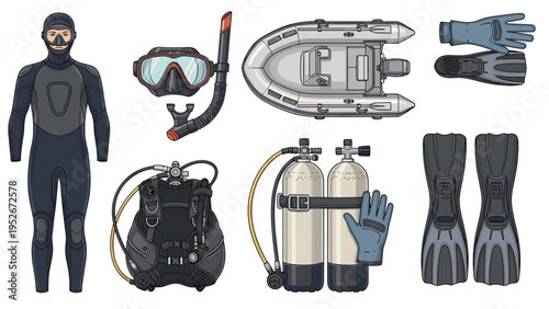 Professional scuba diving equipment and gear including a wetsuit, oxygen tanks, fins, mask, snorkel, and inflatable boat are shown.