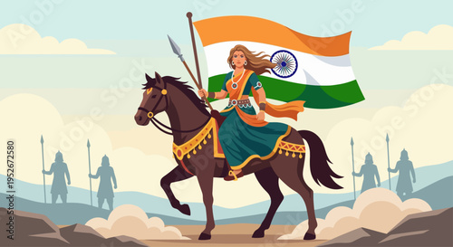 A woman rides a horse carrying the Indian flag with soldiers in the background on a sunny day