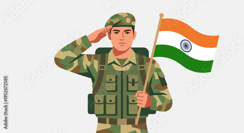 Indian soldier saluting with national flag in hand proudly standing