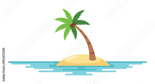 Lonely palm tree on small sandy island in calm blue ocean water with sunny tropical lighting for travel brochure