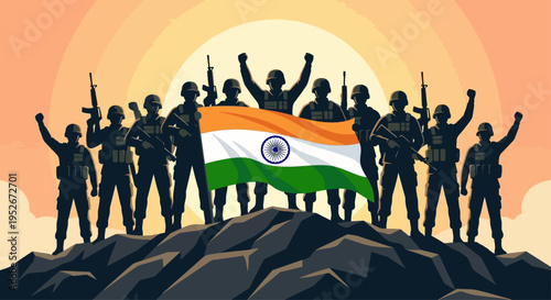 Soldiers proudly hold Indian flag on mountain peak at sunset