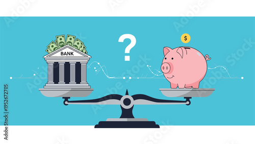 Balanced scale compares a traditional bank building filled with cash against a pink piggy bank with a gold coin.