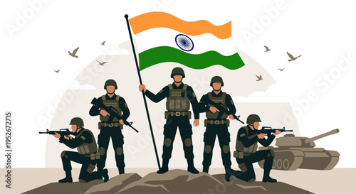 Soldiers proudly holding the Indian flag with guns and a tank nearby