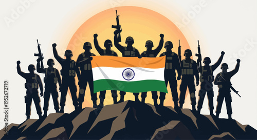 Soldiers celebrate victory with Indian flag on mountain at sunset