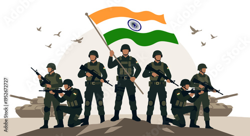 Soldiers in uniform stand proudly with the national flag waving high