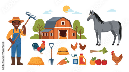 Diverse farm collection features a smiling farmer with a rake, a wooden barn, a horse, chickens, hay bales, and vegetables.