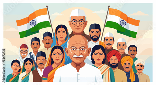 Diverse group of people celebrating with Indian flags and leaders