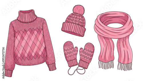 Set of cozy pink winter apparel including a turtleneck sweater with diamond patterns, a knit hat, mittens, and a fringed scarf.