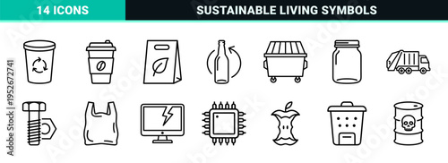 Circular Economy and Waste Management Monoline Icon Set featuring Minimalist Outline Symbols for Sustainable Living and Industrial Recycling