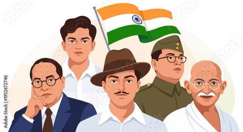 Illustration of Indian freedom fighters with flag in background