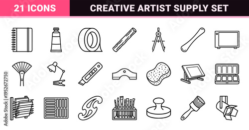 Art Studio and Fine Arts Equipment Monoline Outline Symbols Featuring Painting Brushes Easels and Creative Tools in Minimalist Style