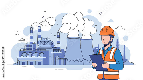 Industrial safety inspector wearing a hard hat and orange vest reviews a clipboard in front of a power plant with cooling towers.