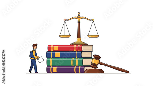 Small man walking with a briefcase passes by a giant stack of law books topped with the scales of justice and a wooden gavel.