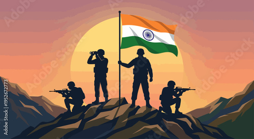 Soldiers standing on a mountain peak proudly holding the national flag at sunset